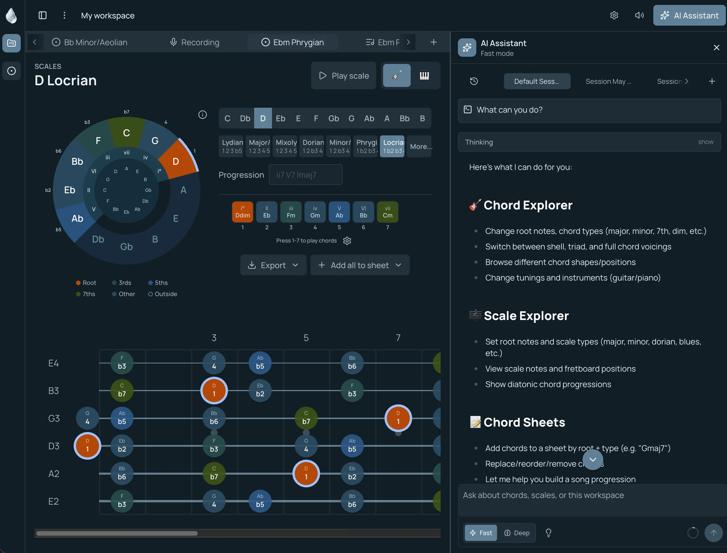 ChordShell scale explorer with a guitar fretboard, circle of fifths, and AI assistant