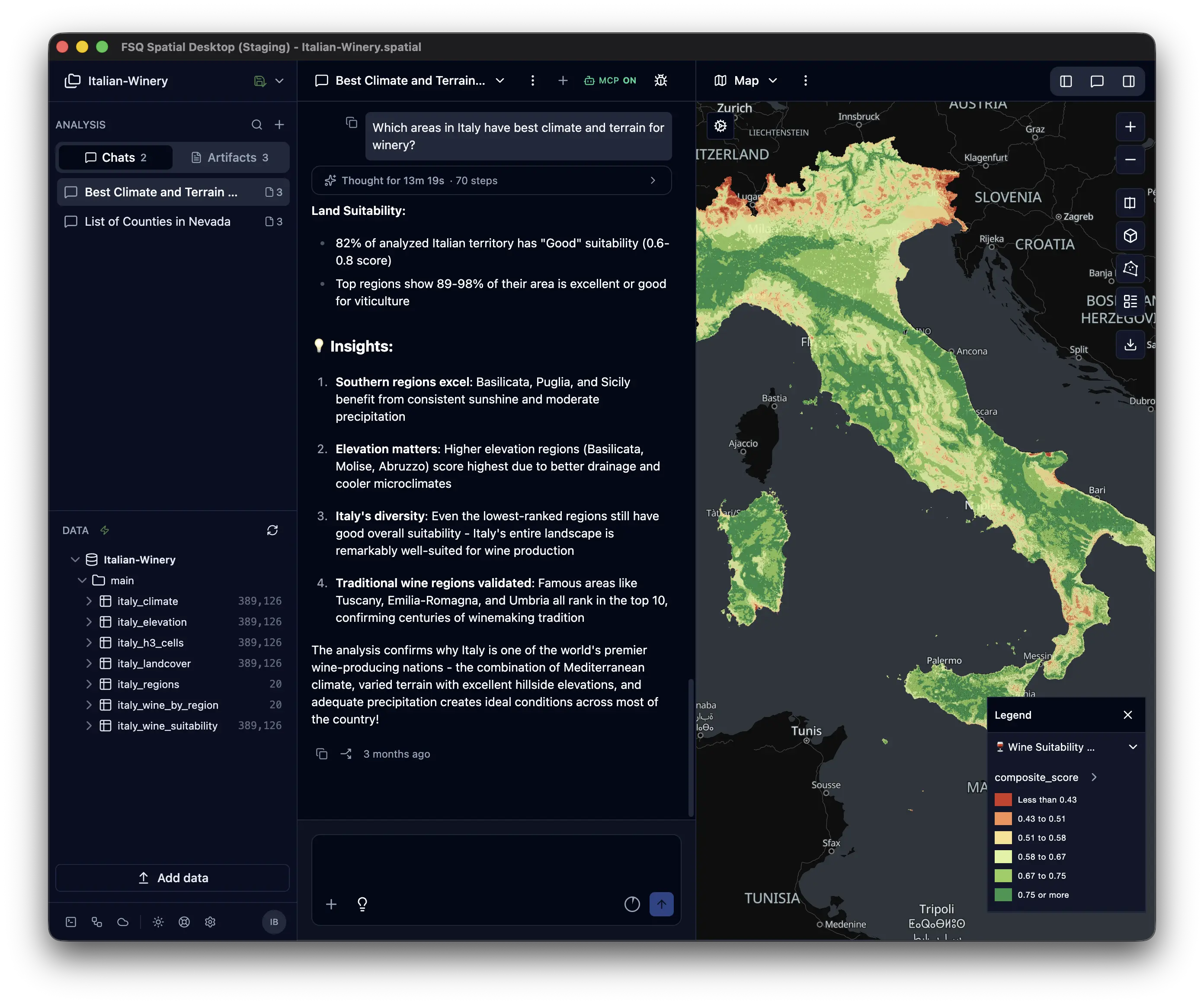 Wine suitability map of Italy with AI-generated regional analysis