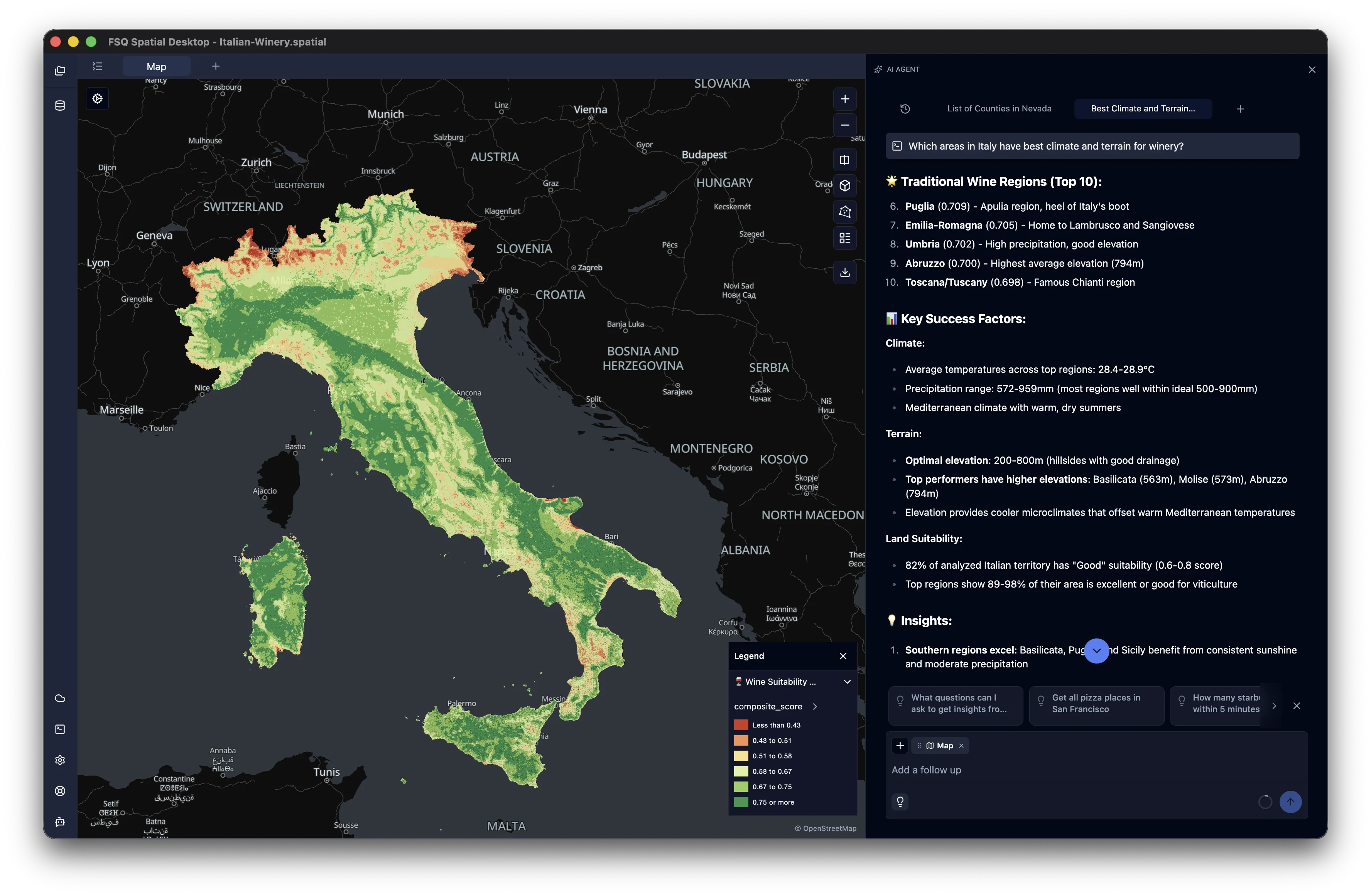 Wine suitability map of Italy with AI-generated regional analysis